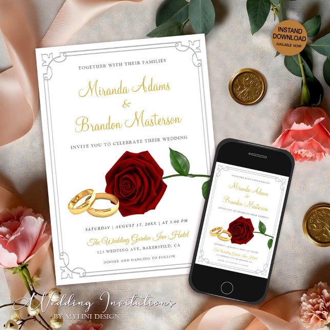Elegant Burgundy Red Roses and Rings Wedding Invitation (Creator Uploaded)