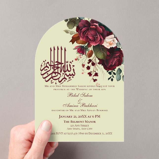 Elegant Burgundy Red Roses Floral Islamic Acrylic Invitations (Insitu (Handheld))
