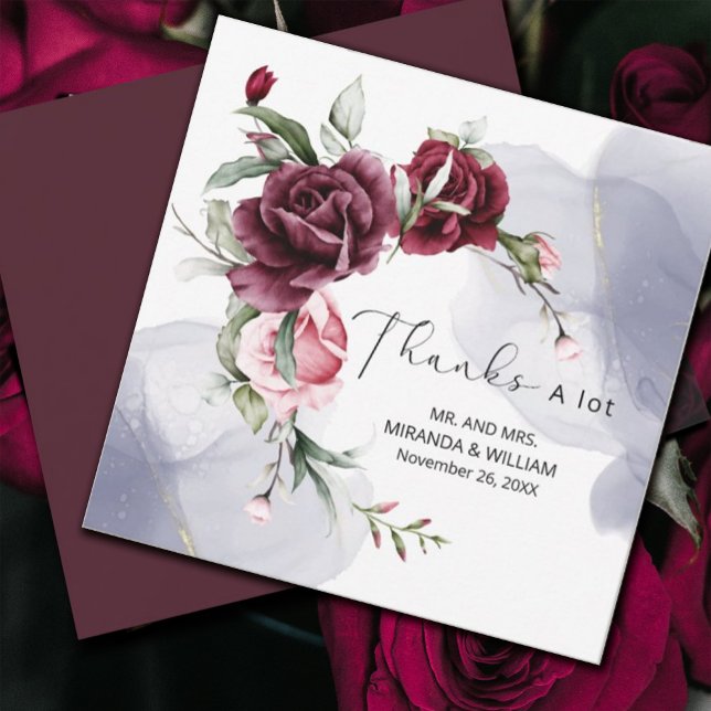 Elegant Burgundy Red Roses Watercolor Thank You Ca Card (#Romance #redroses #thankyoucard#FloralRomance #romanticburgundy #Blush #elegantinvitation)