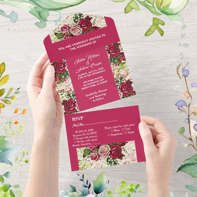 Elegant Burgundy Red Rustic Roses Country Wedding  All In One Invitation (Elegant Burgundy Red Rustic Roses Country Wedding All In One Invitation)