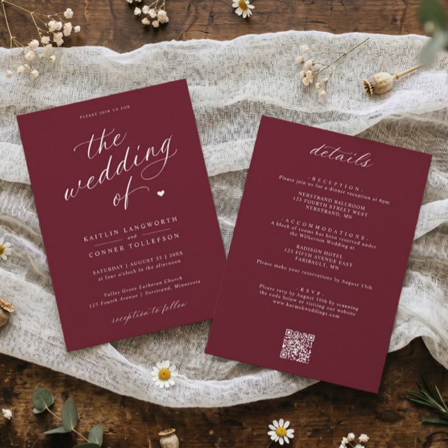 Elegant Burgundy Red Script All in One Wedding Invitation (Burgundy red wedding invitation with white calligraphy and elegant classic typography.)