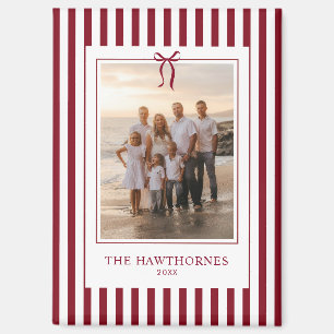 Elegant Burgundy Red Stripe Christmas Family Photo Magnet