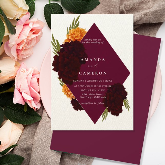 Elegant Burgundy Red Watercolor "MARIGOLD" Wedding Invitation (Creator Uploaded)