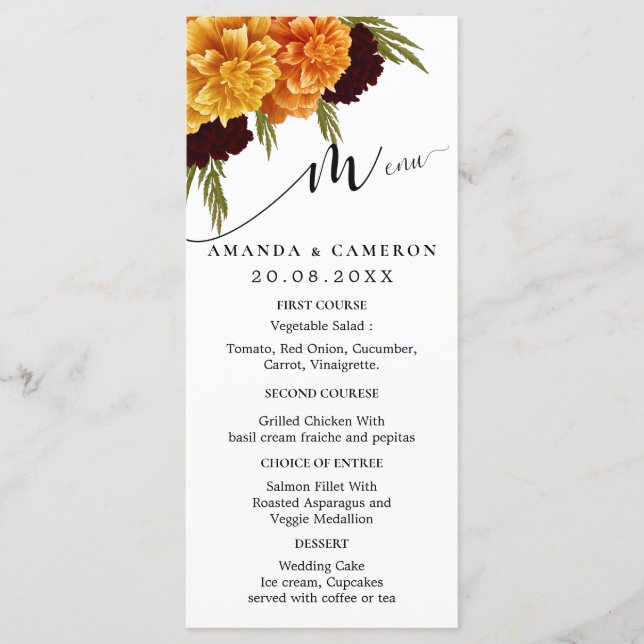 Elegant Burgundy Red Watercolor "MARIGOLD" Wedding Menu (Front)