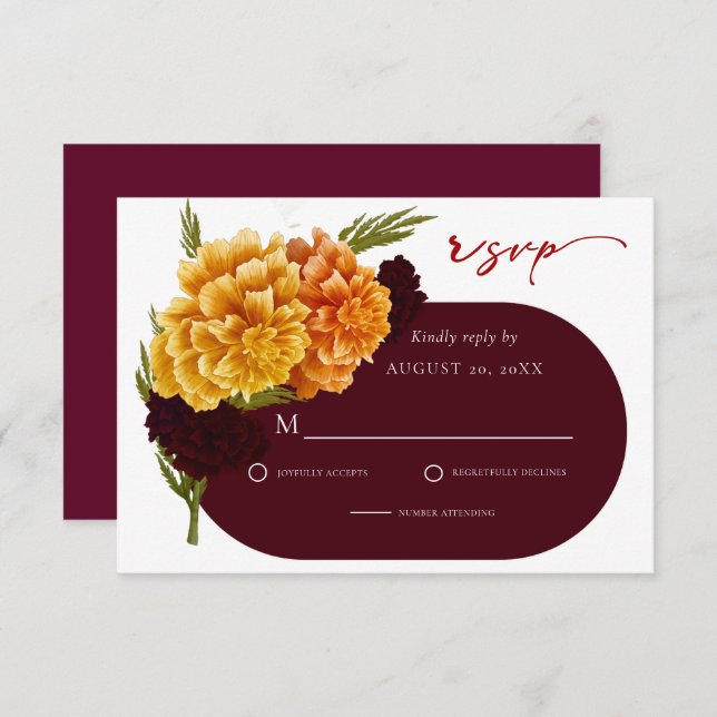 Elegant Burgundy Red Watercolor MARIGOLD Wedding  RSVP Card (Front/Back)