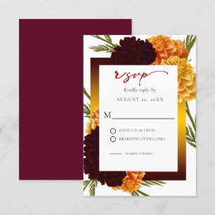Elegant Burgundy Red Watercolor MARIGOLD Wedding  RSVP Card