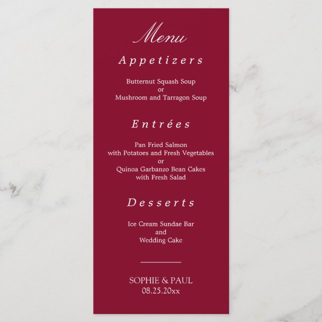 Elegant Burgundy Red Wedding Menu (Front)