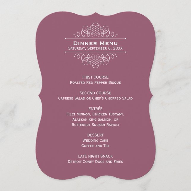 Elegant Burgundy Red Wedding Monogram Dinner Menu (Front)