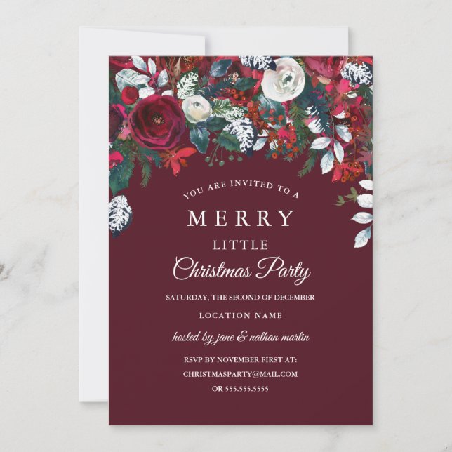 Elegant Burgundy Red White Floral Christmas Party Invitation (Front)