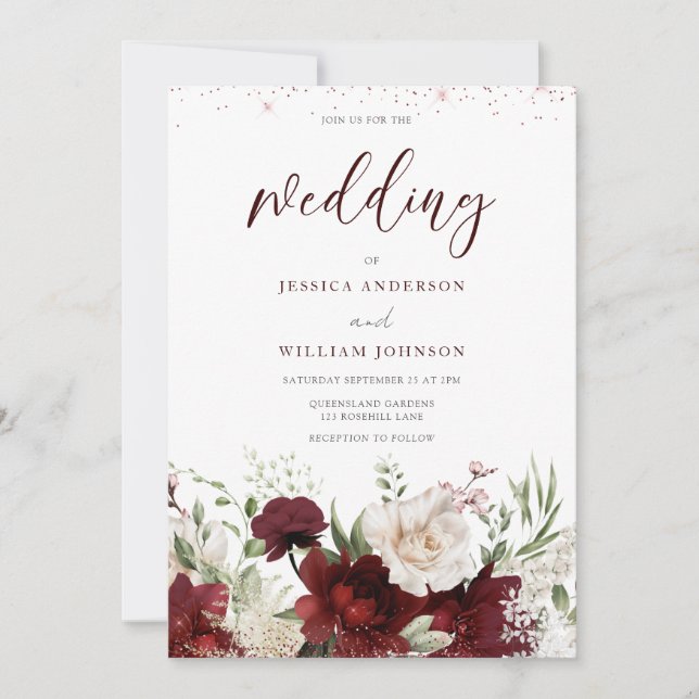 Elegant Burgundy Red & White Floral Wedding Invita Invitation (Front)