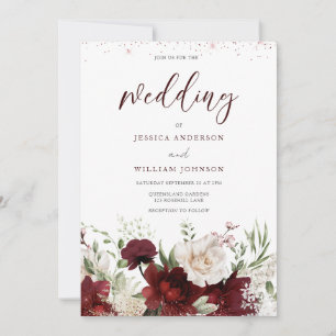 Elegant Burgundy Red & White Floral Wedding Invita Invitation