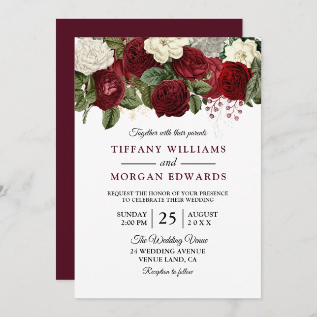 Elegant Burgundy Red White Floral Wedding Invite (Front/Back)
