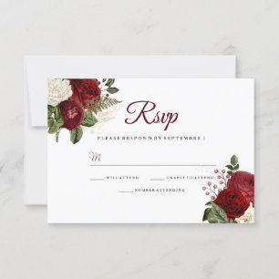 Elegant Burgundy Red White Floral Wedding RSVP Card