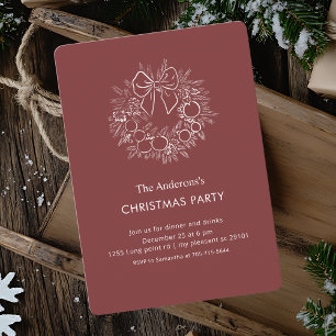 Elegant Burgundy Red Wreath Christmas Party  Invitation
