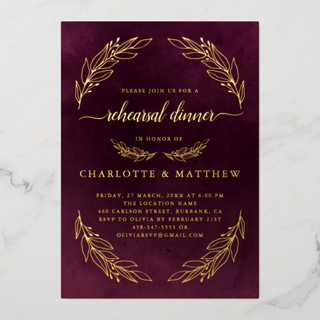 Elegant Burgundy Rehearsal Dinner Gold (Front)
