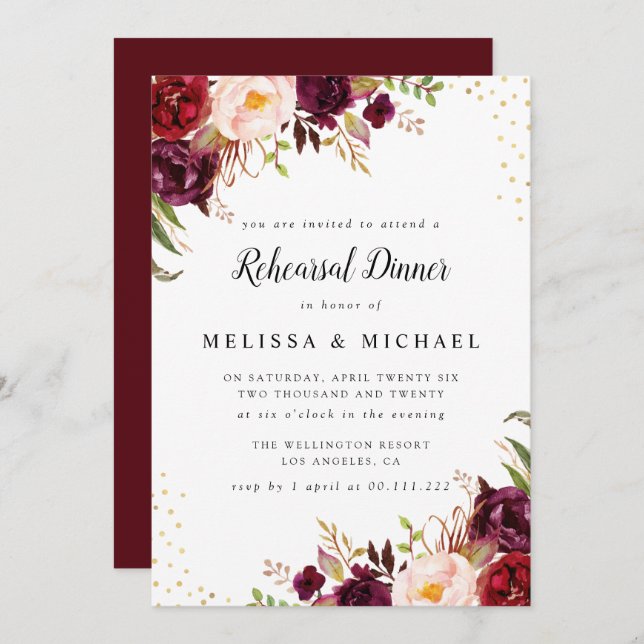 elegant burgundy rehearsal dinner invitation (Front/Back)