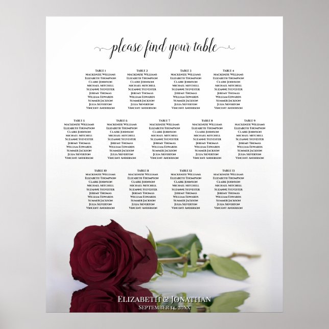 Elegant Burgundy Rose 13 Table Seating Chart (Front)