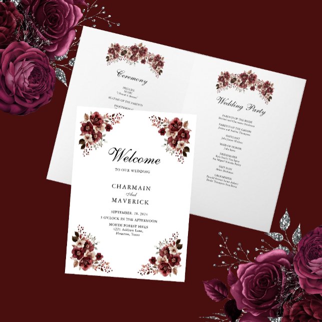 Elegant burgundy rose and floral design Wedding Program (Creator Uploaded)