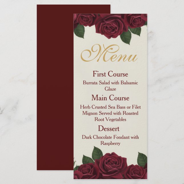 Elegant Burgundy Rose and Gold Floral Wedding Menu (Front/Back)