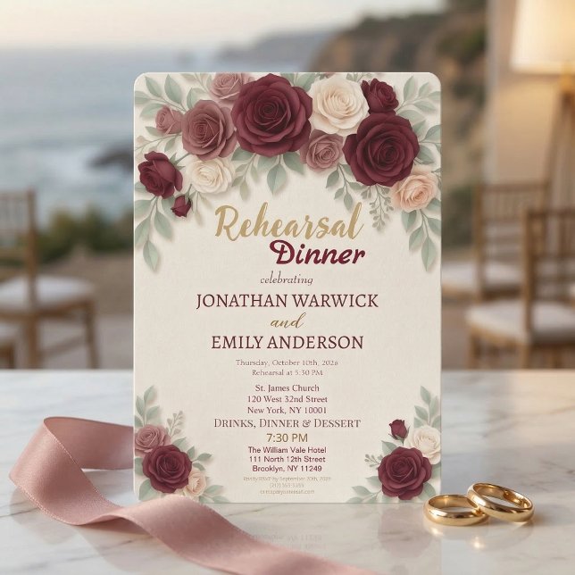 Elegant Burgundy Rose Chic Rehearsal Dinner Invitation (Creator Uploaded)
