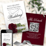 Elegant Burgundy Rose Fancy Script QR Code Wedding Invitation<br><div class="desc">This beautiful wedding invitation features a gorgeous photograph of a single long stemmed burgundy coloured rose lying on its side reflecting in a pool of water with waves and ripples. The design features a fancy calligraphy script with a long curly tail making it both modern and classic. Elegant, sophisticated and...</div>