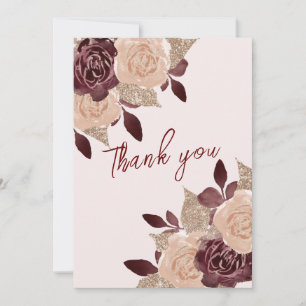 Elegant Burgundy Rose Gold Glitter Floral Photo Thank You Card