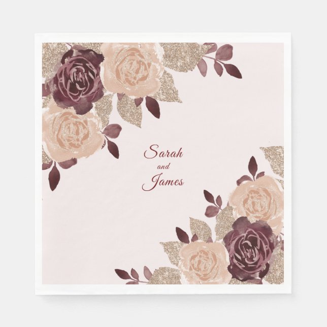 Elegant Burgundy Rose Gold Glitter Floral Wedding Napkin (Front)