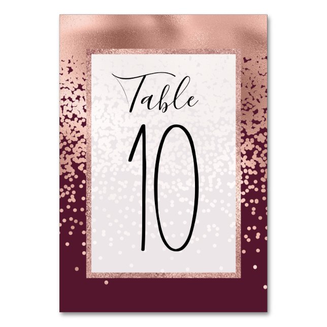 Elegant Burgundy Rose Gold Polka Dot Gradient Table Number (Front)
