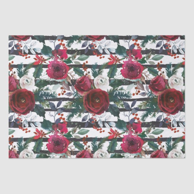 Elegant Burgundy Rose Large Stripe Christmas Tissue Paper (Front)