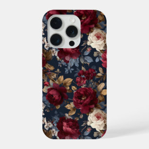 Elegant Burgundy Rose Navy Floral Pattern iPhone 15 Pro Case