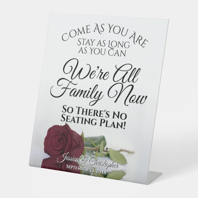Elegant Burgundy Rose Open Seating Wedding Pedestal Sign (Front)