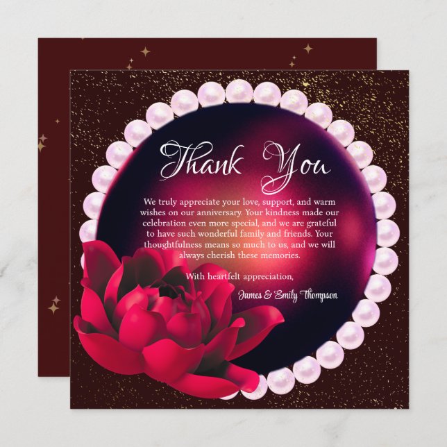 Elegant Burgundy Rose Pearl Wedding Anniversary  Thank You Card (Front/Back)