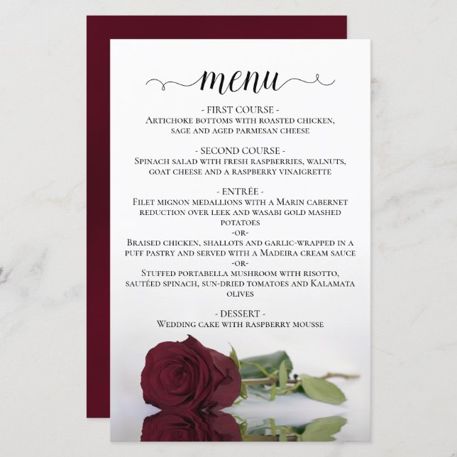 Elegant Burgundy Rose Romantic Budget Wedding Menu (Front/Back)