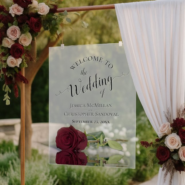 Elegant Burgundy Rose Romantic Wedding Welcome Acrylic Sign (Creator Uploaded)