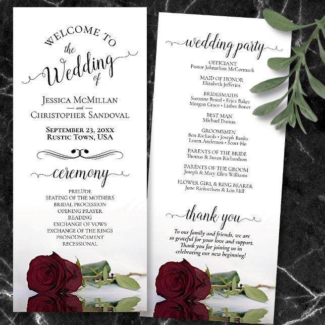 Elegant Burgundy Rose Simple Romantic Wedding Program (Front and Back)