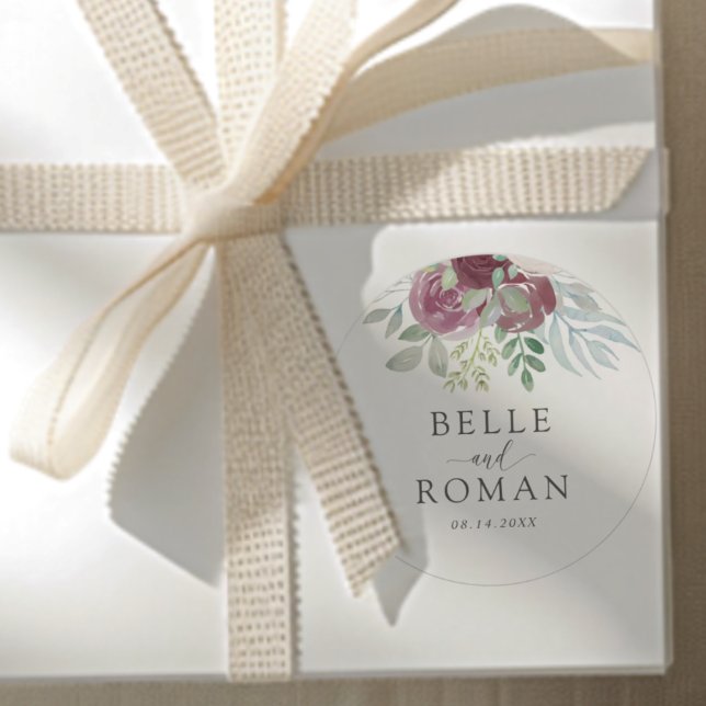 Elegant Burgundy Rose Watercolor Wedding   Classic Round Sticker (Creator Uploaded)