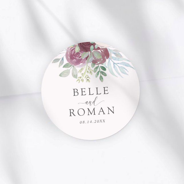 Elegant Burgundy Rose Watercolor Wedding   Classic Round Sticker (Creator Uploaded)