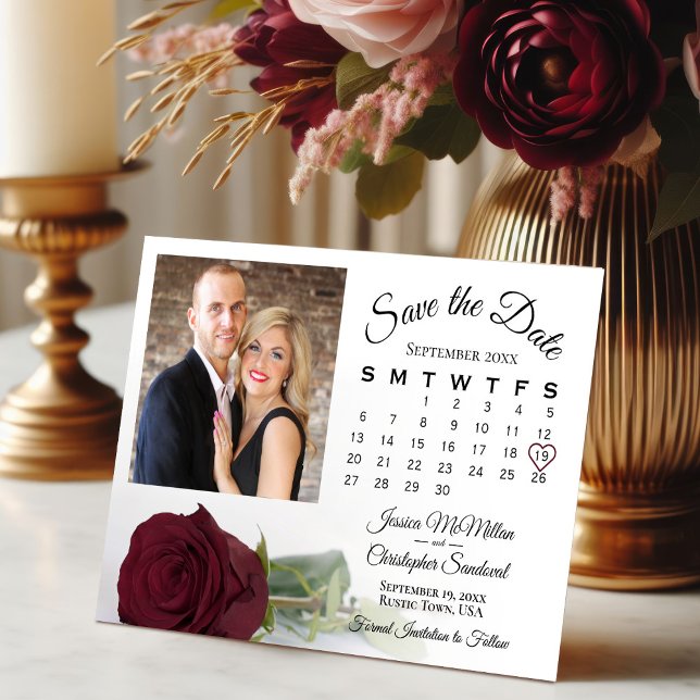 Elegant Burgundy Rose Wedding Calendar & Photo Save The Date (Creator Uploaded)