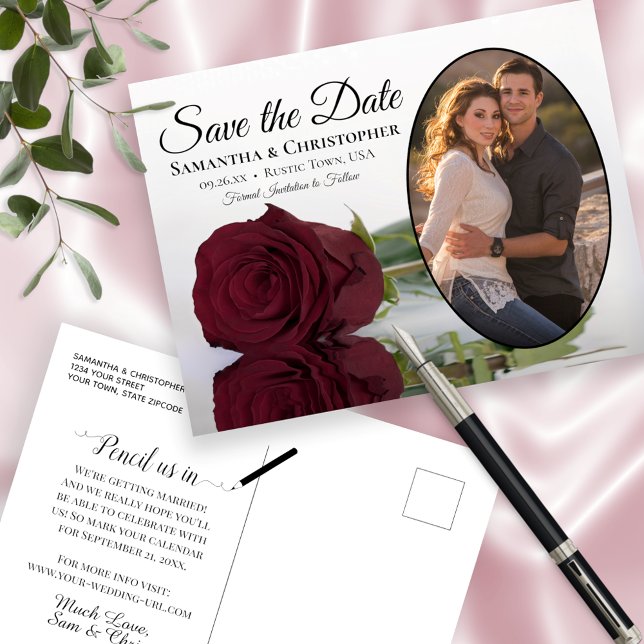 Elegant Burgundy Rose Wedding Save The Date Photo Announcement Postcard (Creator Uploaded)