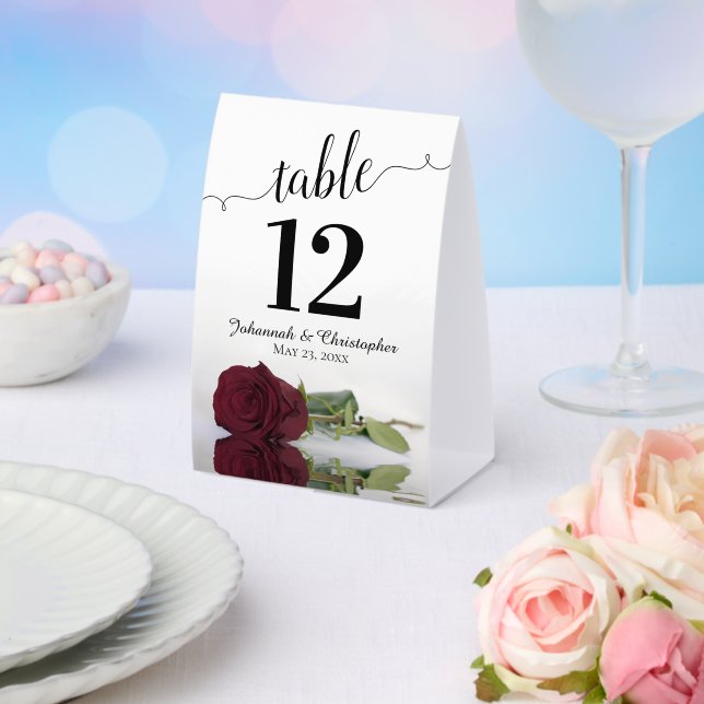 Elegant Burgundy Rose Wedding Table Number (Insitu(Wedding))