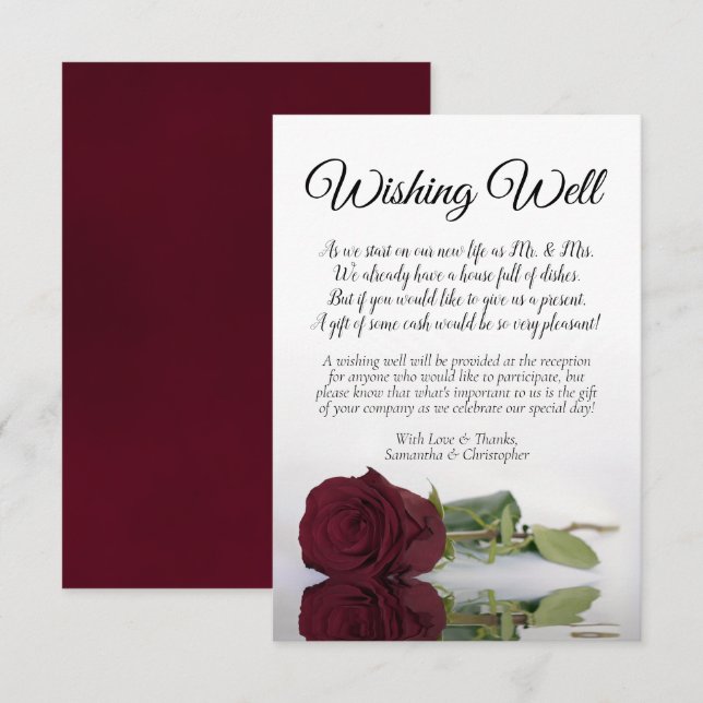 Elegant Burgundy Rose Wedding Wishing Well Poem Enclosure Card (Front/Back)