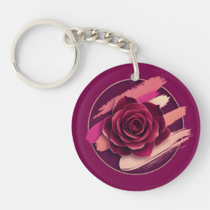 Elegant Burgundy Rose with Abstract Brush Strokes Key Ring