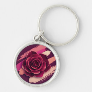 Elegant Burgundy Rose with Abstract Brush Strokes Key Ring