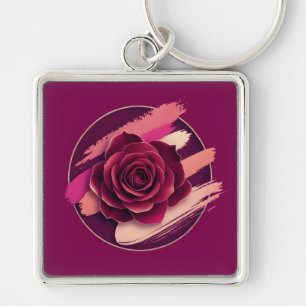 Elegant Burgundy Rose with Abstract Brush Strokes Key Ring