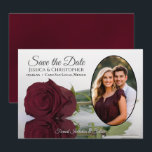 Elegant Burgundy Rose with Oval Photo Wedding Save The Date<br><div class="desc">These beautiful cards are the perfect way to let your friends and family know to save the date for your upcoming wedding. They feature a romantic design with a single long-stemmed burgundy or maroon coloured rose reflecting in a pool of water with waves and ripples with your photo in an...</div>