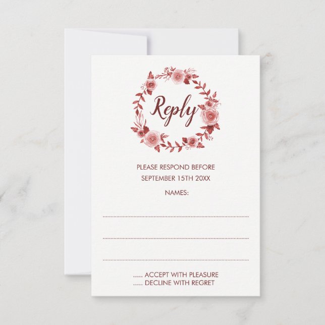 Elegant Burgundy Rose Wreath Reply Cards (Front)