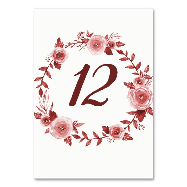 Elegant Burgundy Rose Wreath Table Number Cards (Front)