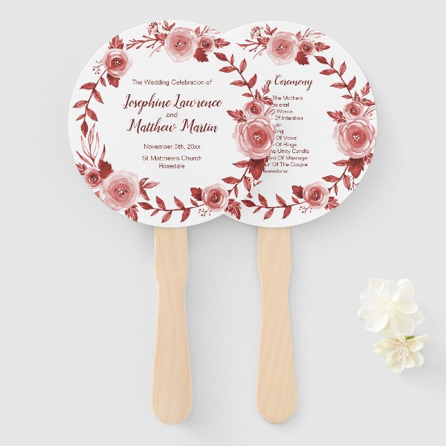 Elegant Burgundy Rose Wreath Wedding Programs Hand Fan (Front and Back)