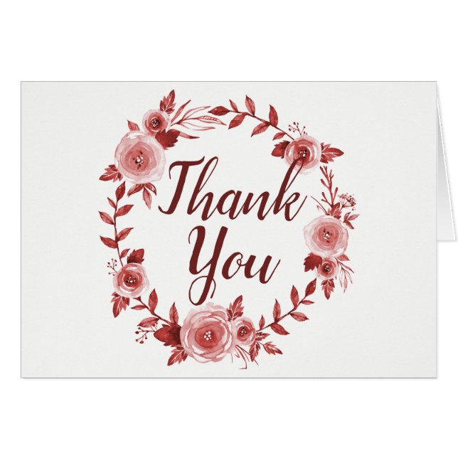 Elegant Burgundy Rose Wreath Wedding Thank You (Front Horizontal)
