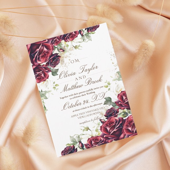 Elegant Burgundy Roses and Gold Flower Wedding  Invitation (Creator Uploaded)